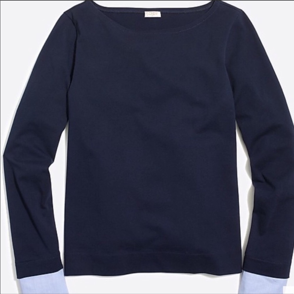 J Crew Navy Blue Boatneck Cuffed Cotton Shirt